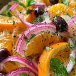 ['Close-up view of a colorful fennel-orange salad with sliced oranges and fennel.', 'Vibrant fennel and orange salad featuring fresh mint and olives in a bowl.', 'Side view of a juicy salad with blood oranges, thinly sliced fennel, and red onion.', 'Detailed close-up of a fennel-orange salad showcasing bright colors and textures.']
