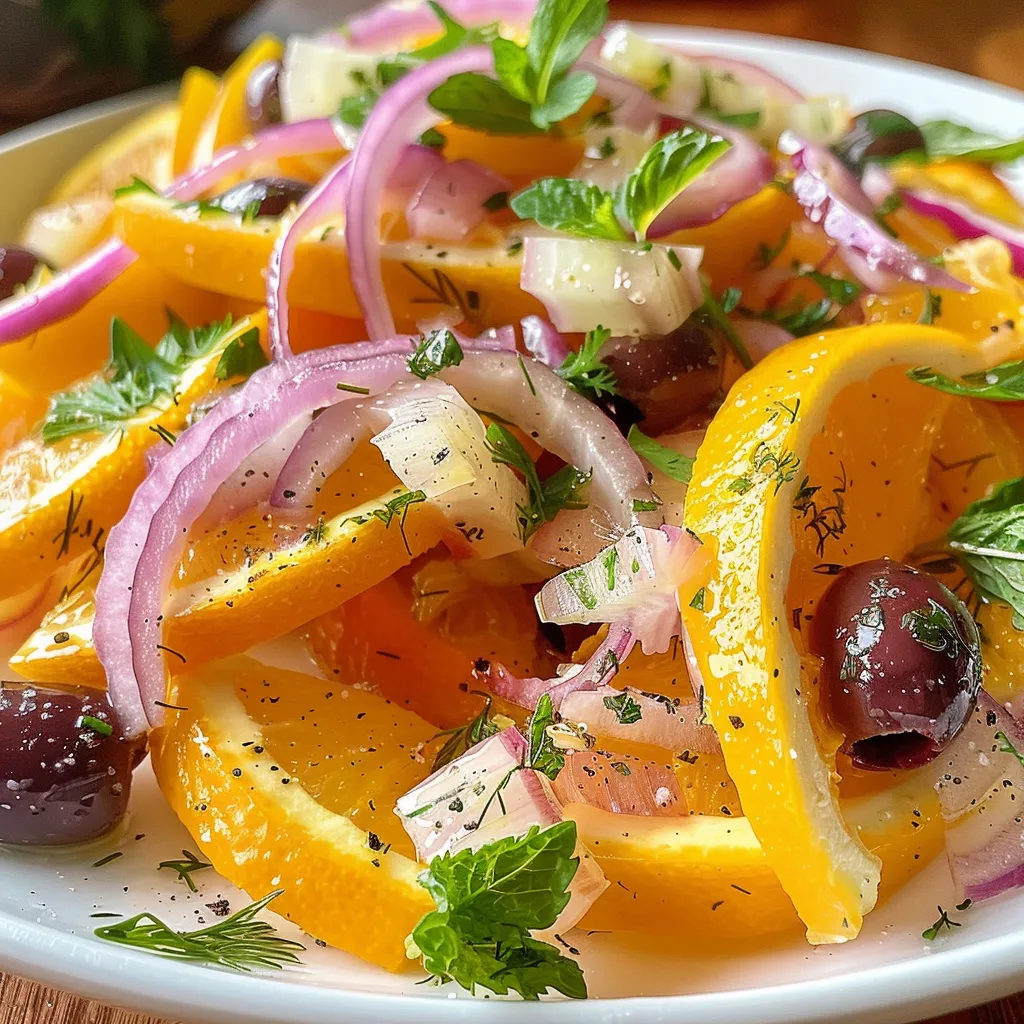 ['Close-up view of a colorful fennel-orange salad with sliced oranges and fennel.', 'Vibrant fennel and orange salad featuring fresh mint and olives in a bowl.', 'Side view of a juicy salad with blood oranges, thinly sliced fennel, and red onion.', 'Detailed close-up of a fennel-orange salad showcasing bright colors and textures.']