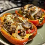 ['Close-up of Philly cheesesteak stuffed bell peppers, showcasing juicy filling and melted cheese.', 'Side view of stuffed peppers filled with beef, mushrooms, and cheese, placed on a wooden surface.', 'Colorful bell peppers halved and filled with a savory cheesesteak mixture, with a focus on the texture.', 'Juicy Philly cheesesteak stuffed peppers, highlighted with rich colors and gooey provolone cheese.']