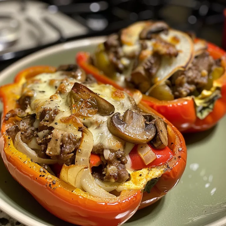 ['Close-up of Philly cheesesteak stuffed bell peppers, showcasing juicy filling and melted cheese.', 'Side view of stuffed peppers filled with beef, mushrooms, and cheese, placed on a wooden surface.', 'Colorful bell peppers halved and filled with a savory cheesesteak mixture, with a focus on the texture.', 'Juicy Philly cheesesteak stuffed peppers, highlighted with rich colors and gooey provolone cheese.']