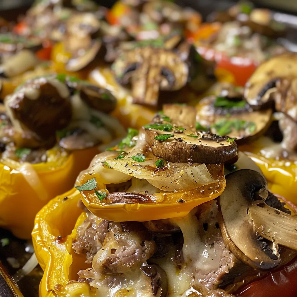 ['Close-up of Philly cheesesteak stuffed bell peppers, showcasing juicy filling and melted cheese.', 'Side view of stuffed peppers filled with beef, mushrooms, and cheese, placed on a wooden surface.', 'Colorful bell peppers halved and filled with a savory cheesesteak mixture, with a focus on the texture.', 'Juicy Philly cheesesteak stuffed peppers, highlighted with rich colors and gooey provolone cheese.']