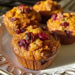 ['Close-up side view of moist Cranberry Sweet Potato Muffins with a golden-brown top.', 'Juicy Cranberry Sweet Potato Muffins displayed on a rustic wooden table.', 'Freshly baked Cranberry Sweet Potato Muffins with glossy cranberries peeking out.', 'A plate of warm Cranberry Sweet Potato Muffins, showcasing their fluffy texture.']