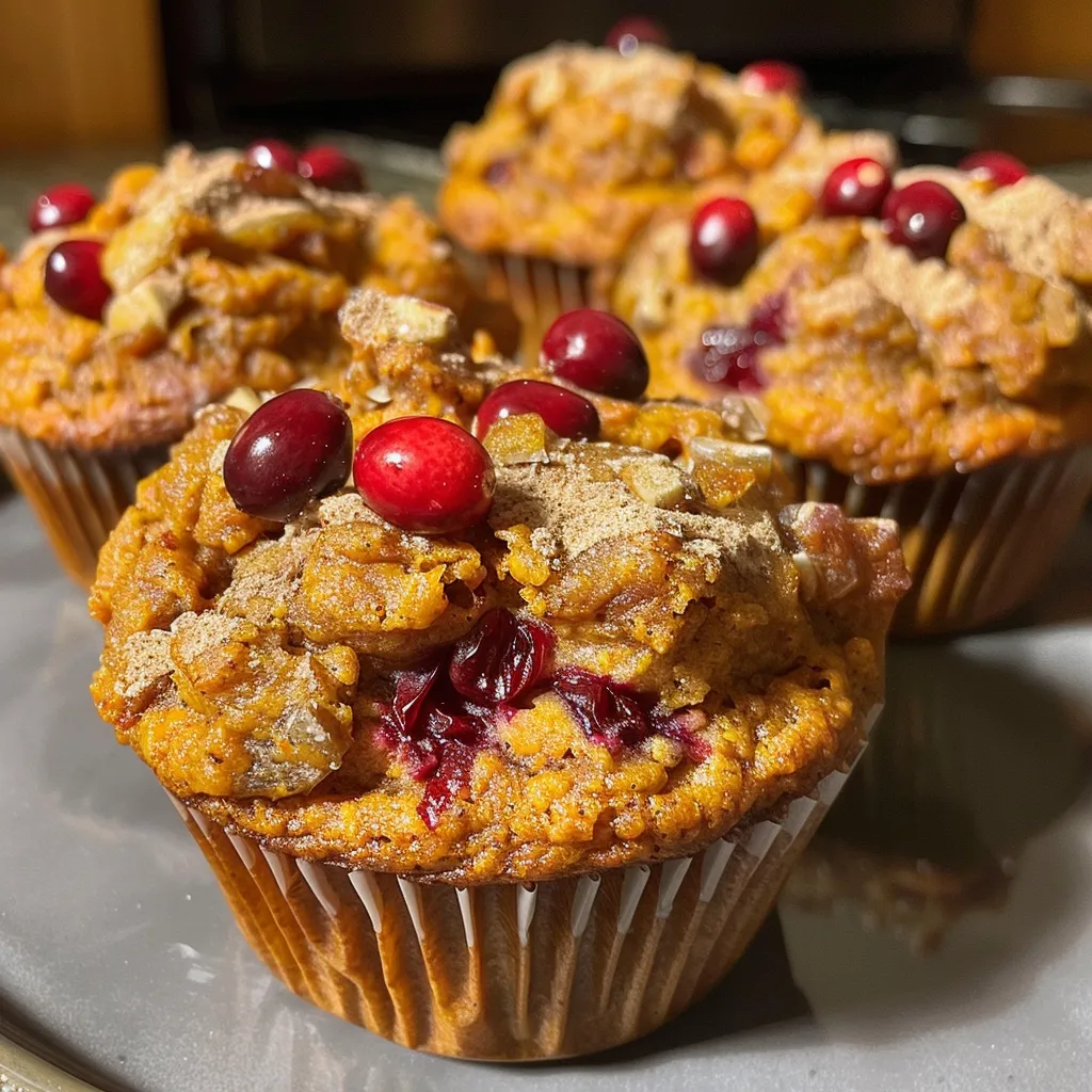 ['Close-up side view of moist Cranberry Sweet Potato Muffins with a golden-brown top.', 'Juicy Cranberry Sweet Potato Muffins displayed on a rustic wooden table.', 'Freshly baked Cranberry Sweet Potato Muffins with glossy cranberries peeking out.', 'A plate of warm Cranberry Sweet Potato Muffins, showcasing their fluffy texture.']