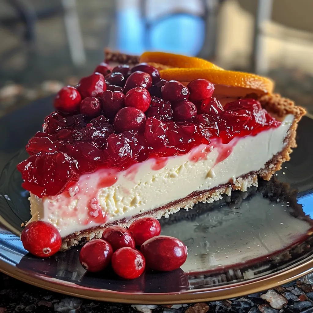 ['A close-up side view of a vibrant orange cranberry cheesecake topped with fresh cranberries.', 'A delicious low-carb cheesecake featuring a smooth orange and cranberry filling, displayed elegantly.', 'A side view of a creamy cheesecake drizzled with cranberry sauce and decorated with orange zest.', 'A mouthwatering low-carb orange cranberry cheesecake showcasing rich textures and fresh ingredients.']