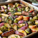 ['Close-up image of sheet pan sausages with apples and fall vegetables, highlighting Brussels sprouts and red onions.', 'Side view of a colorful dish featuring sausages, diced apples, and roasted fall vegetables on a sheet pan.', 'Juicy sausages interspersed with halved Brussels sprouts, minced garlic, and sweet apples on a cooking sheet.', 'Freshly cooked sheet pan meal with sliced sausages, apples, and vibrant vegetables arranged artfully.']