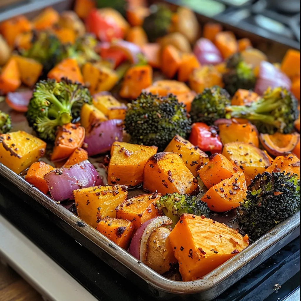 ['Close-up view of perfectly charred oven-roasted vegetables including sweet potato, broccoli, and bell pepper.', 'Juicy assortment of oven-roasted vegetables featuring vibrant colors and caramelized edges on a wooden surface.', 'Side view of a medley of roasted vegetables, highlighting the texture and colors of sweet potato, broccoli, and red bell pepper.', 'Freshly baked charred vegetables close-up, showcasing sweet potatoes, broccoli, and onions with a glossy finish.']