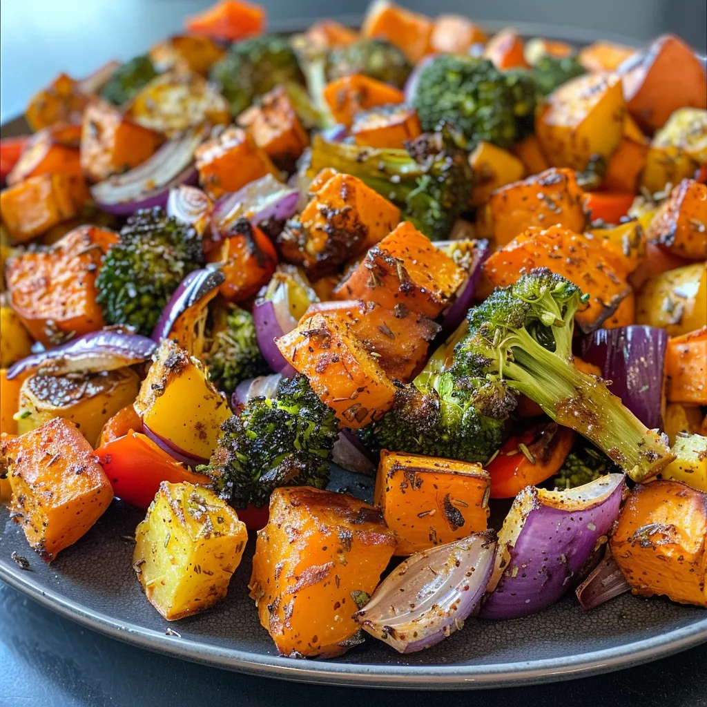 ['Close-up view of perfectly charred oven-roasted vegetables including sweet potato, broccoli, and bell pepper.', 'Juicy assortment of oven-roasted vegetables featuring vibrant colors and caramelized edges on a wooden surface.', 'Side view of a medley of roasted vegetables, highlighting the texture and colors of sweet potato, broccoli, and red bell pepper.', 'Freshly baked charred vegetables close-up, showcasing sweet potatoes, broccoli, and onions with a glossy finish.']
