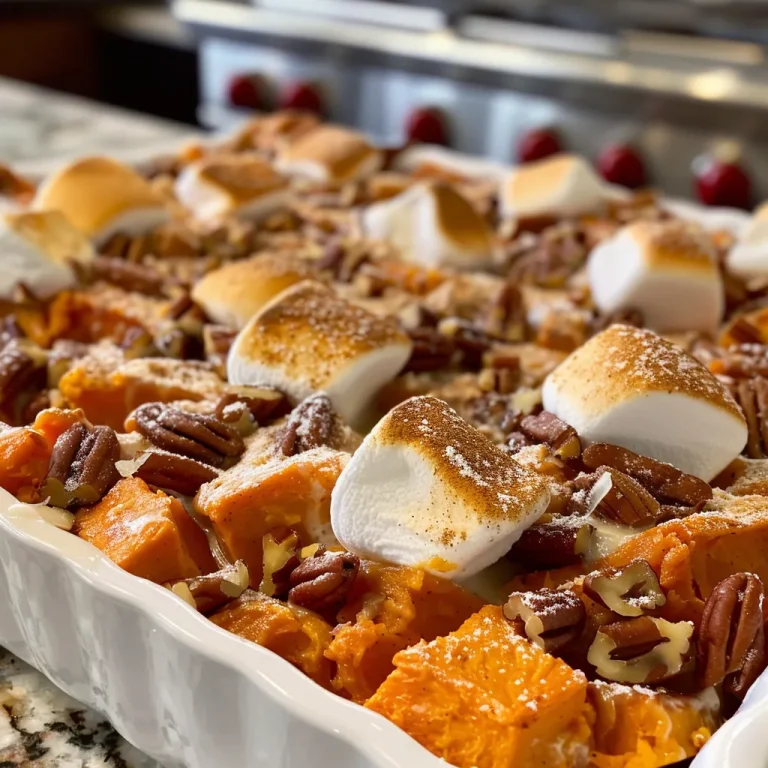 ['Close-up side view of a Southern Maple Sweet Potato Casserole topped with marshmallows and pecans.', 'A juicy Southern Maple Sweet Potato Casserole in a baking dish, featuring a rich, golden color and marshmallow topping.', 'Side angle of a sweet potato casserole with a glossy maple syrup glaze and sprinkled pecans.', 'Delicious Southern-style sweet potato casserole, showing textures of sweet potatoes and toasted nuts.']