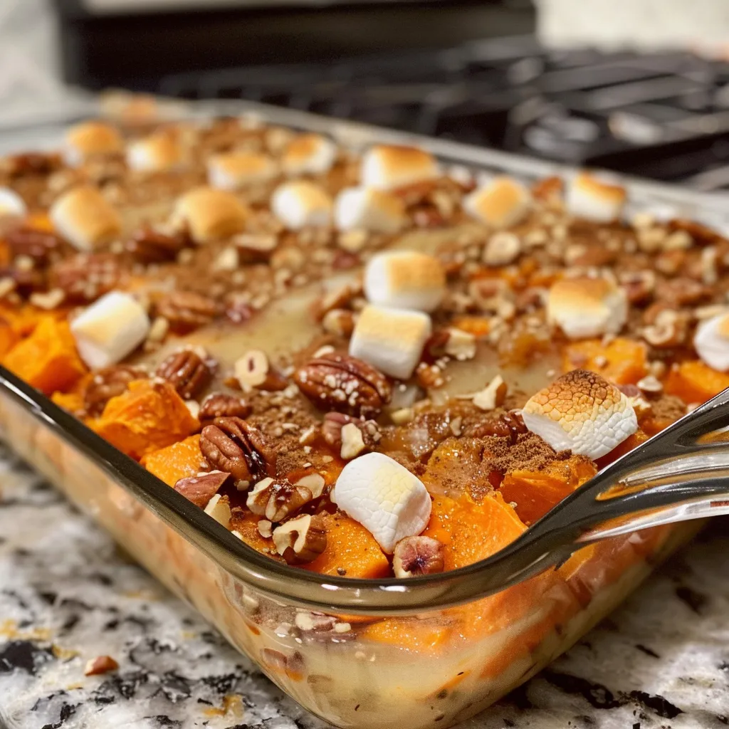 ['Close-up side view of a Southern Maple Sweet Potato Casserole topped with marshmallows and pecans.', 'A juicy Southern Maple Sweet Potato Casserole in a baking dish, featuring a rich, golden color and marshmallow topping.', 'Side angle of a sweet potato casserole with a glossy maple syrup glaze and sprinkled pecans.', 'Delicious Southern-style sweet potato casserole, showing textures of sweet potatoes and toasted nuts.']