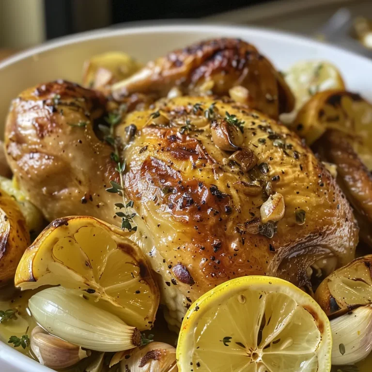 ['Juicy oven roasted spatchcock chicken with golden skin and garlic cloves.', 'Side view of a succulent spatchcock chicken surrounded by halved lemons and onions.', 'Close-up of roasted chicken garnished with fresh thyme and caramelized garlic.', 'Deliciously roasted spatchcock chicken with crispy skin and aromatic vegetables.']