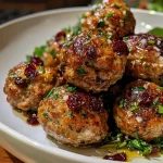['A close-up view of Cranberry Turkey Meatballs glistening with a maple mustard glaze.', 'Juicy turkey meatballs with bits of cranberries, drizzled with a shiny glaze, presented from the side.', 'Side shot of succulent cranberry-infused turkey meatballs covered in a glossy maple mustard sauce.', 'Detailed image showing juicy meatballs made from ground turkey, cranberries, and a rich glaze.']