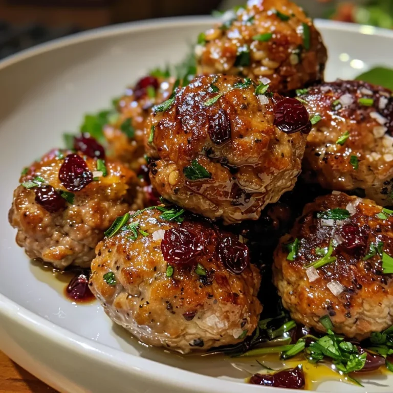 ['A close-up view of Cranberry Turkey Meatballs glistening with a maple mustard glaze.', 'Juicy turkey meatballs with bits of cranberries, drizzled with a shiny glaze, presented from the side.', 'Side shot of succulent cranberry-infused turkey meatballs covered in a glossy maple mustard sauce.', 'Detailed image showing juicy meatballs made from ground turkey, cranberries, and a rich glaze.']