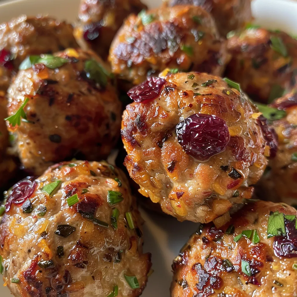 ['A close-up view of Cranberry Turkey Meatballs glistening with a maple mustard glaze.', 'Juicy turkey meatballs with bits of cranberries, drizzled with a shiny glaze, presented from the side.', 'Side shot of succulent cranberry-infused turkey meatballs covered in a glossy maple mustard sauce.', 'Detailed image showing juicy meatballs made from ground turkey, cranberries, and a rich glaze.']