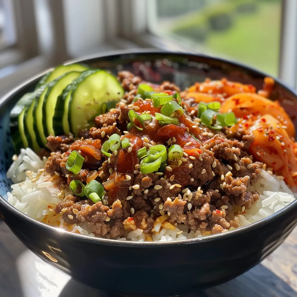 ['Close-up of a Korean beef rice bowl with vibrant vegetables and glossy sauce.', 'Side view of a delicious Korean beef rice bowl filled with minced beef and garnished with green onions.', 'Juicy Korean beef rice bowl featuring sliced cucumbers and kimchi.', 'Detailed view of Korean beef rice bowl with sesame seeds and julienned carrots.']