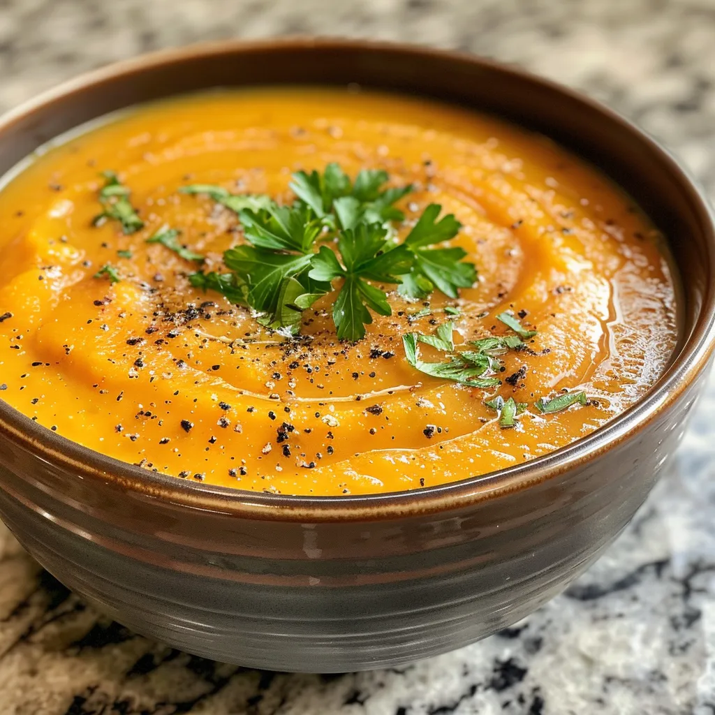 ['Close-up of vibrant orange Carrot Ginger Soup in a bowl.', 'Side view of creamy Carrot Ginger Soup garnished with herbs.', 'A rich bowl of Carrot Ginger Soup with a hint of coconut milk.', 'Juicy Carrot Ginger Soup displayed in a rustic bowl, ready to serve.']