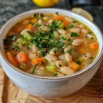 ['Close-up of a bowl featuring Lemon Rosemary White Bean Soup with visible herbs and beans.', 'Side view of a hearty Lemon Rosemary White Bean Soup garnished with fresh parsley.', 'Delicious Lemon Rosemary White Bean Soup in a bowl, showcasing bright, fresh ingredients.', 'Rich Lemon Rosemary White Bean Soup with vibrant colors and aromatic herbs in a rustic bowl.']