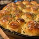['Close-up view of freshly baked Sea Salt & Herb Skillet Rolls on a rustic surface.', 'Golden-brown herb-infused skillet rolls topped with flaky sea salt, displayed side view.', 'Juicy Sea Salt & Herb Rolls arranged in a skillet, showcasing their soft texture.', 'Side view of warm skillet rolls sprinkled with herbs and sea salt, emphasizing their fluffiness.']