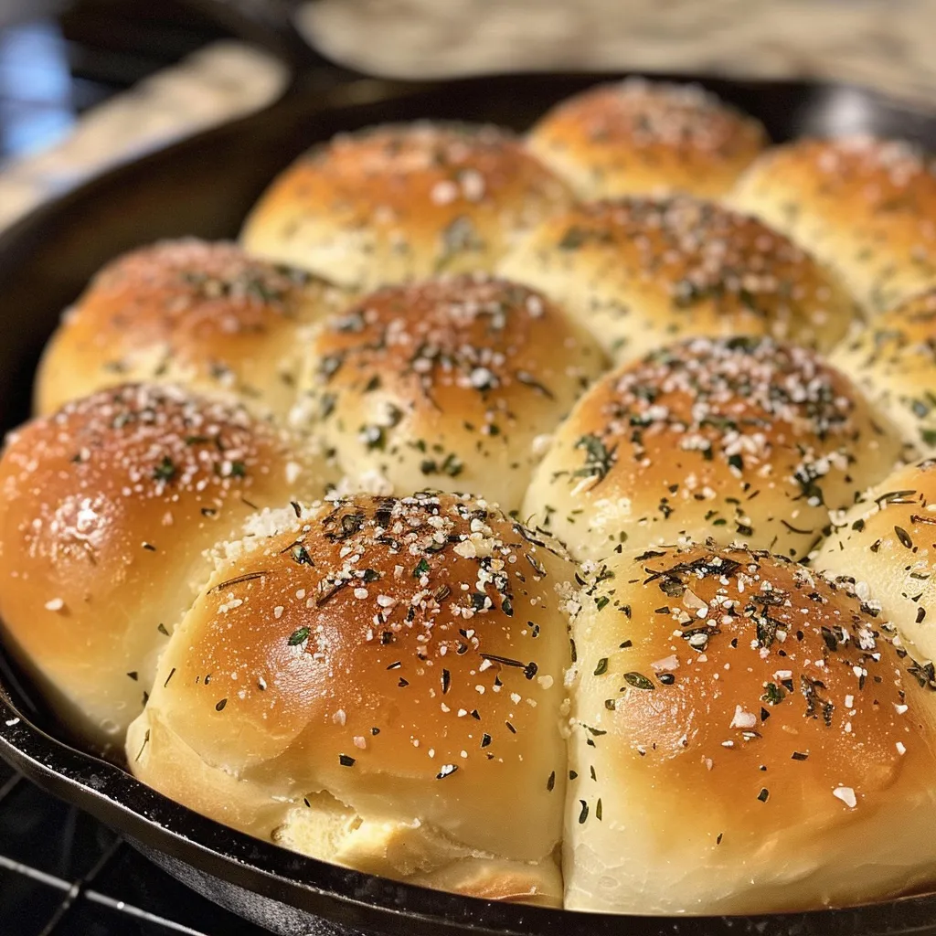 ['Close-up view of freshly baked Sea Salt & Herb Skillet Rolls on a rustic surface.', 'Golden-brown herb-infused skillet rolls topped with flaky sea salt, displayed side view.', 'Juicy Sea Salt & Herb Rolls arranged in a skillet, showcasing their soft texture.', 'Side view of warm skillet rolls sprinkled with herbs and sea salt, emphasizing their fluffiness.']