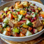 ['Close-up of a vibrant Autumn Panzanella Salad with chunks of heirloom tomatoes, cucumbers, apples, and herbs.', 'A side view of a colorful salad, featuring sourdough bread cubes, sliced red onions, and pomegranate arils.', 'Detailed image of Autumn Panzanella Salad showcasing fresh ingredients like apples, cranberries, and basil.', 'Lush salad composition with rustic bread, heirloom tomatoes, and a mix of seasonal fruits and vegetables.']