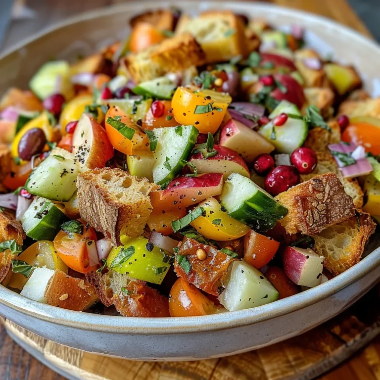 ['Close-up of a vibrant Autumn Panzanella Salad with chunks of heirloom tomatoes, cucumbers, apples, and herbs.', 'A side view of a colorful salad, featuring sourdough bread cubes, sliced red onions, and pomegranate arils.', 'Detailed image of Autumn Panzanella Salad showcasing fresh ingredients like apples, cranberries, and basil.', 'Lush salad composition with rustic bread, heirloom tomatoes, and a mix of seasonal fruits and vegetables.']