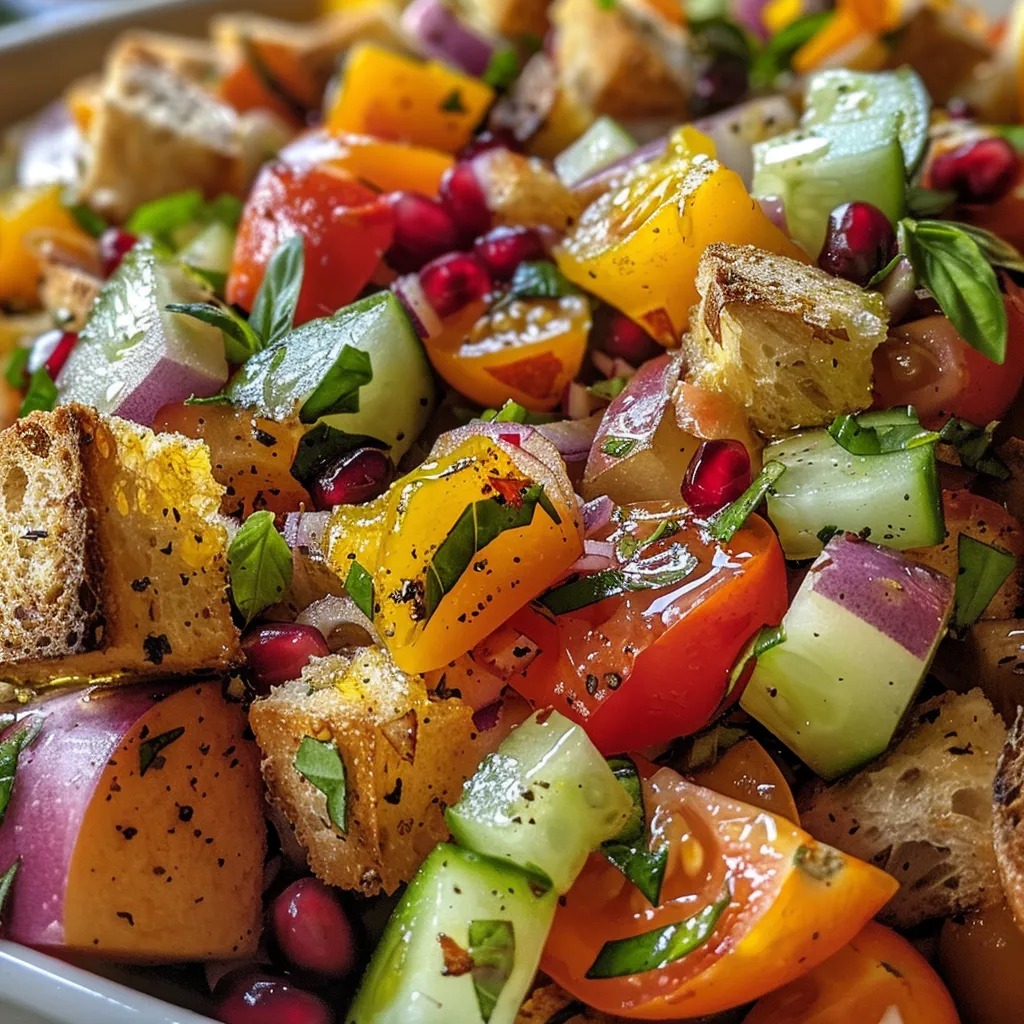 ['Close-up of a vibrant Autumn Panzanella Salad with chunks of heirloom tomatoes, cucumbers, apples, and herbs.', 'A side view of a colorful salad, featuring sourdough bread cubes, sliced red onions, and pomegranate arils.', 'Detailed image of Autumn Panzanella Salad showcasing fresh ingredients like apples, cranberries, and basil.', 'Lush salad composition with rustic bread, heirloom tomatoes, and a mix of seasonal fruits and vegetables.']
