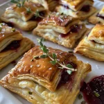 ['Close-up of golden brown Cranberry Brie Bites topped with chopped nuts and rosemary.', 'Side view of baked Cranberry Brie Bites with melted cheese and cranberry sauce showing.', 'Deliciously plated Cranberry Brie Bites featuring a flakey crescent dough and garnished with fresh herbs.', 'Juicy Cranberry Brie Bites with a crispy exterior, adorned with orange marmalade and nuts.']