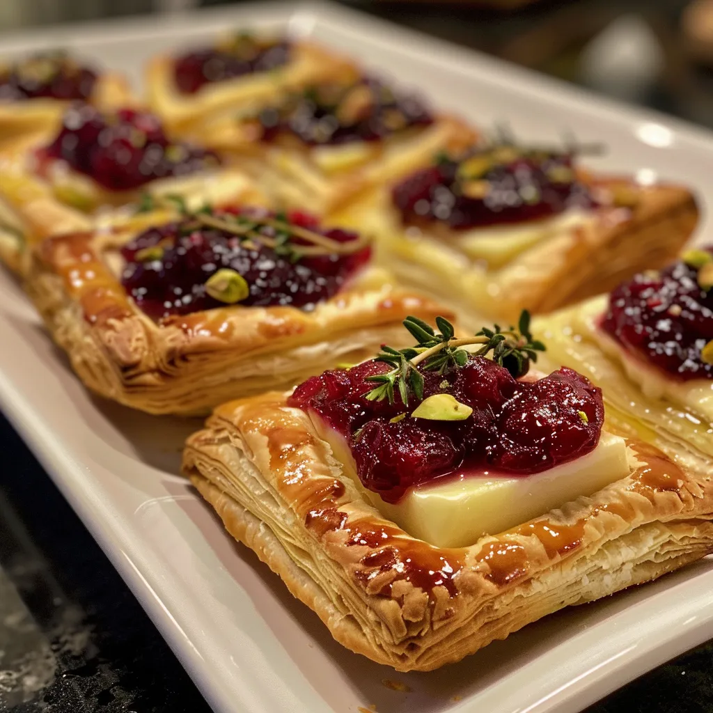 ['Close-up of golden brown Cranberry Brie Bites topped with chopped nuts and rosemary.', 'Side view of baked Cranberry Brie Bites with melted cheese and cranberry sauce showing.', 'Deliciously plated Cranberry Brie Bites featuring a flakey crescent dough and garnished with fresh herbs.', 'Juicy Cranberry Brie Bites with a crispy exterior, adorned with orange marmalade and nuts.']