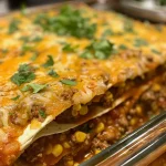 ['Close-up view of a delicious ground beef enchilada casserole with melted cheese on top.', 'Side angle photo of a ground beef enchilada casserole, showcasing layers and toppings.', 'Juicy ground beef enchilada casserole with vibrant colors from cheese and salsa.', 'Savory ground beef enchilada casserole served in a baking dish, emphasizing texture and ingredients.']