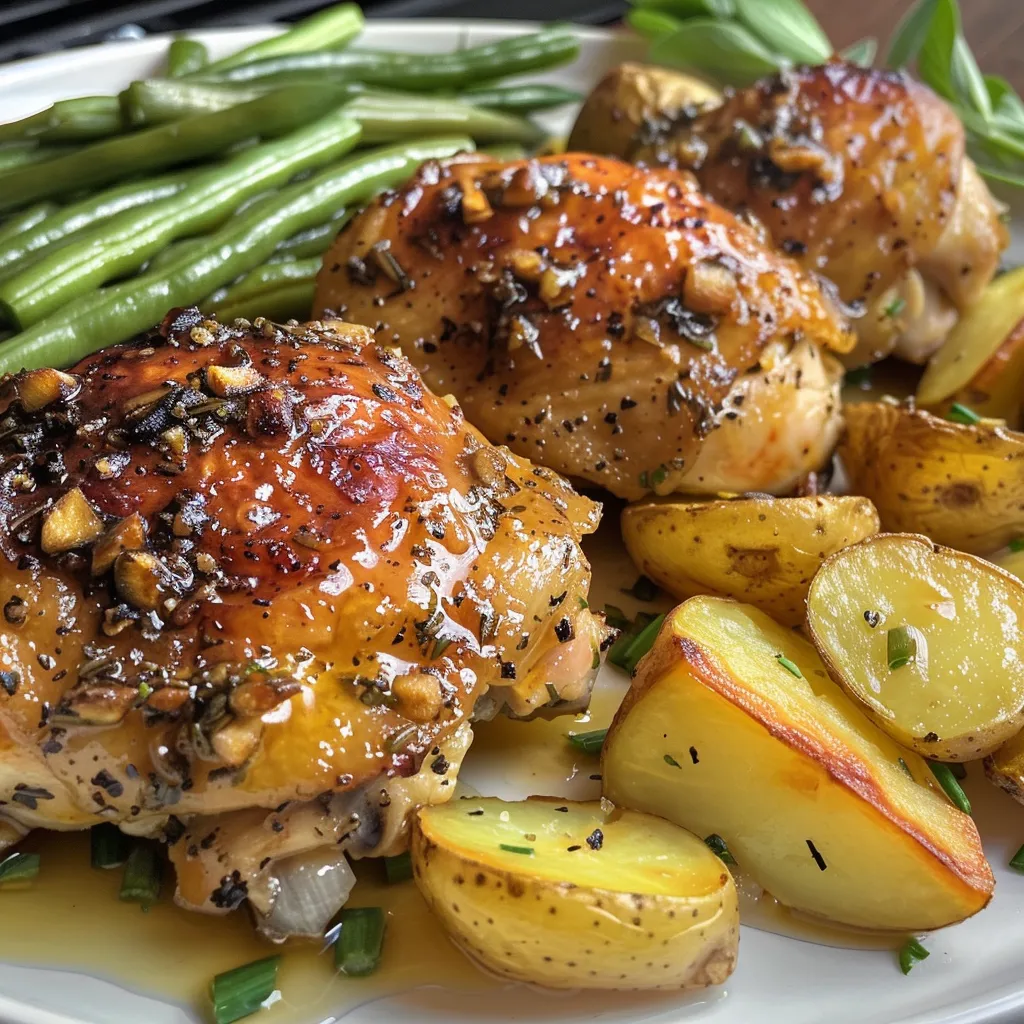 ['Close-up of honey mustard chicken thighs and potatoes on a plate.', 'Juicy honey mustard chicken with baby red potatoes and green beans.', 'One pan honey mustard chicken and potatoes, showcasing golden-brown skin.', 'Side view of a delicious honey mustard chicken dish with colorful veggies.']