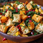 ['Close-up view of a vibrant Fall Panzanella Salad featuring roasted squash and focaccia croutons.', 'Side angle of a colorful Fall Panzanella Salad with kale, pomegranate, and crispy focaccia croutons.', 'Juicy Fall Panzanella Salad showcasing chunks of squash, croutons, and greens arranged beautifully.', 'Detailed image of Fall Panzanella Salad, highlighting ingredients like pomegranate arils and chopped kale.']