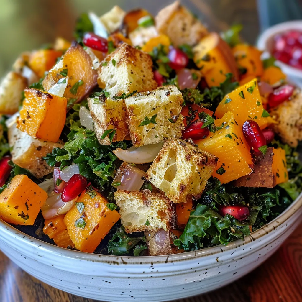 ['Close-up view of a vibrant Fall Panzanella Salad featuring roasted squash and focaccia croutons.', 'Side angle of a colorful Fall Panzanella Salad with kale, pomegranate, and crispy focaccia croutons.', 'Juicy Fall Panzanella Salad showcasing chunks of squash, croutons, and greens arranged beautifully.', 'Detailed image of Fall Panzanella Salad, highlighting ingredients like pomegranate arils and chopped kale.']