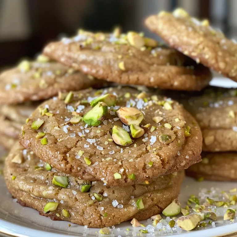 ['Close-up of a salted honey pistachio cookie with white chocolate chips and chopped pistachios.', 'Side view of a golden-brown cookie topped with coarse sea salt and pieces of pistachio.', 'Juicy salted honey pistachio cookie showcasing its chewy texture and chocolate chips.', 'Detailed view of a freshly baked cookie with honey glaze and crunchy pistachios.']