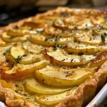 ['A close-up side view of a savory apple tart with caramelized onions, showcasing its golden crust and layered ingredients.', 'An enticing close-up of a savory apple tart featuring caramelized onions, apples, and melted cheese on a flaky crust.', 'A detailed side view of a savory apple tart, revealing slices of apple and onion interspersed with cheese in a perfectly baked crust.', 'A close-up image of a savory apple tart, highlighting caramelized onions and apple slices on a crispy golden crust.']