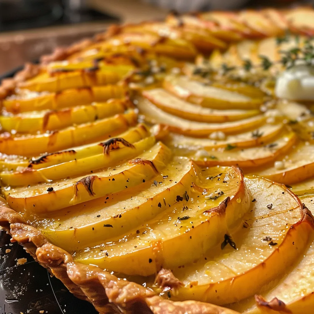 ['A close-up side view of a savory apple tart with caramelized onions, showcasing its golden crust and layered ingredients.', 'An enticing close-up of a savory apple tart featuring caramelized onions, apples, and melted cheese on a flaky crust.', 'A detailed side view of a savory apple tart, revealing slices of apple and onion interspersed with cheese in a perfectly baked crust.', 'A close-up image of a savory apple tart, highlighting caramelized onions and apple slices on a crispy golden crust.']