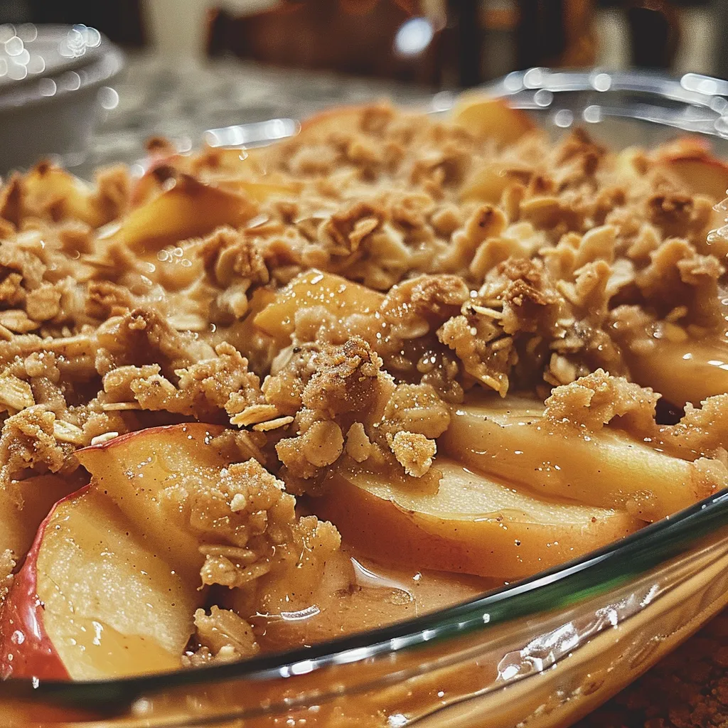 ['Close-up of a homemade apple crisp with golden brown topping and sliced apples visible.', 'Side view of an apple crisp dessert, showcasing layers of apples and crumble topping.', 'Delicious homemade apple crisp presented in a dish, with glistening apples and oats.', 'Detailed view of an apple crisp dessert, highlighting the crunchy topping and juicy apple filling.']