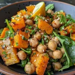 ['Close-up of a colorful roast butternut squash and chickpea salad with fresh spinach and seeds.', 'Side view of a vibrant salad featuring roasted butternut squash, chickpeas, and greens.', 'Detailed shot of a nutritious butternut squash and chickpea salad, showcasing various ingredients.', 'Close-up image of a healthy salad packed with roasted squash, chickpeas, and spinach.']