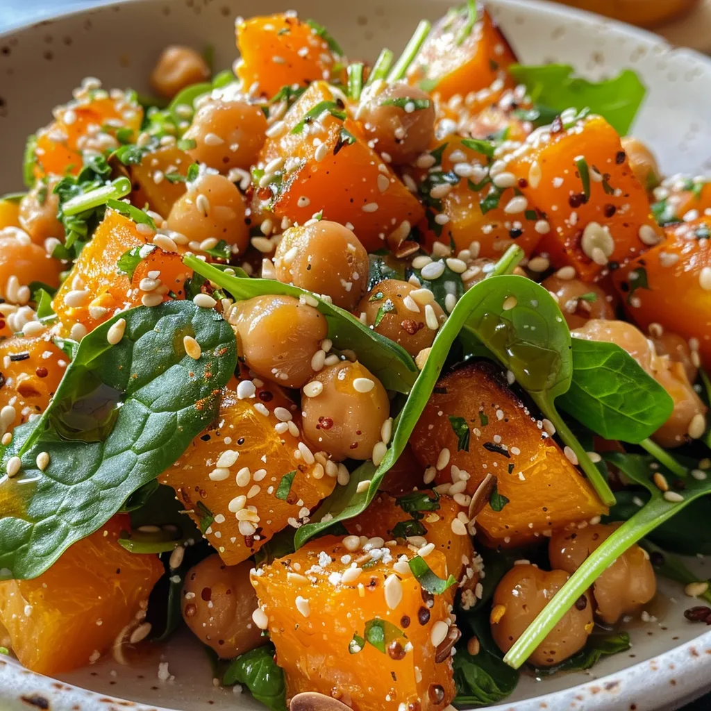 ['Close-up of a colorful roast butternut squash and chickpea salad with fresh spinach and seeds.', 'Side view of a vibrant salad featuring roasted butternut squash, chickpeas, and greens.', 'Detailed shot of a nutritious butternut squash and chickpea salad, showcasing various ingredients.', 'Close-up image of a healthy salad packed with roasted squash, chickpeas, and spinach.']