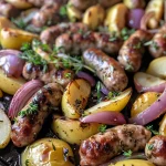 ['Close-up view of a sheet pan filled with sausage, apples, and onions, glistening with olive oil.', 'Side view of a savory sausage and apple dish, showcasing caramelized edges and vibrant colors.', 'Juicy sausages paired with sliced apples and red onions on a roasting pan, accentuated by fresh herbs.', 'A mouthwatering arrangement of Italian sausage, Honeycrisp apples, and rosemary on a baking tray.']