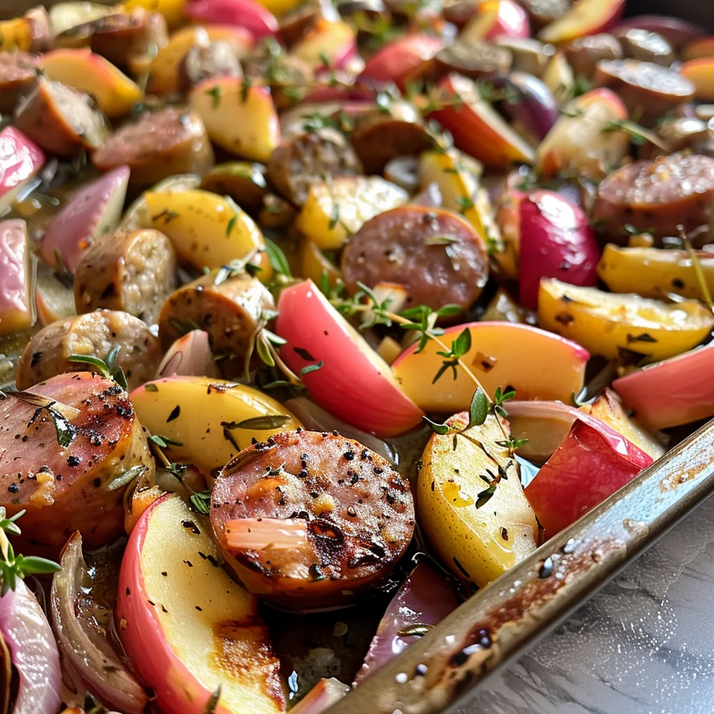 ['Close-up view of a sheet pan filled with sausage, apples, and onions, glistening with olive oil.', 'Side view of a savory sausage and apple dish, showcasing caramelized edges and vibrant colors.', 'Juicy sausages paired with sliced apples and red onions on a roasting pan, accentuated by fresh herbs.', 'A mouthwatering arrangement of Italian sausage, Honeycrisp apples, and rosemary on a baking tray.']