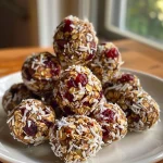 ['Close-up side view of cranberry almond energy bites on a plate.', 'Juicy energy bites made from cranberries and almonds, displayed on a wooden surface.', 'A detailed shot of no-bake cranberry almond energy bites, showcasing their texture.', 'Side view of vibrant, healthy energy bites featuring cranberries and almonds.']
