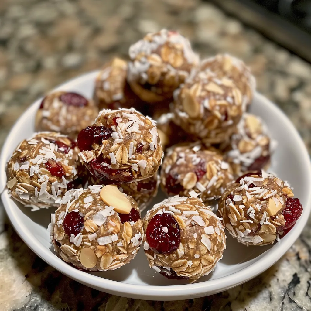 ['Close-up side view of cranberry almond energy bites on a plate.', 'Juicy energy bites made from cranberries and almonds, displayed on a wooden surface.', 'A detailed shot of no-bake cranberry almond energy bites, showcasing their texture.', 'Side view of vibrant, healthy energy bites featuring cranberries and almonds.']