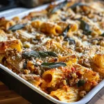 ['Close-up view of a creamy pasta bake topped with melted cheese and pumpkin sauce.', 'Side view of a baked pasta dish with vibrant pumpkin tomato sauce and herbs.', 'Juicy pasta bake showing layers of cheese and pumpkin sauce in a ceramic dish.', 'Rich pasta bake featuring oozing cheese, walnuts, and a pumpkin-infused sauce.']