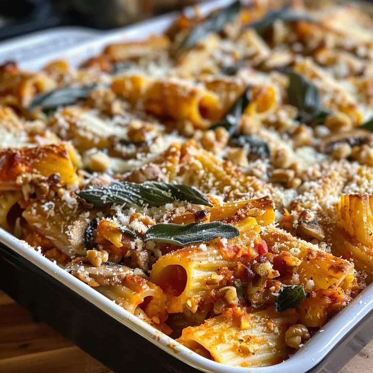 ['Close-up view of a creamy pasta bake topped with melted cheese and pumpkin sauce.', 'Side view of a baked pasta dish with vibrant pumpkin tomato sauce and herbs.', 'Juicy pasta bake showing layers of cheese and pumpkin sauce in a ceramic dish.', 'Rich pasta bake featuring oozing cheese, walnuts, and a pumpkin-infused sauce.']