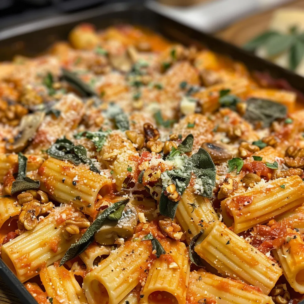 ['Close-up view of a creamy pasta bake topped with melted cheese and pumpkin sauce.', 'Side view of a baked pasta dish with vibrant pumpkin tomato sauce and herbs.', 'Juicy pasta bake showing layers of cheese and pumpkin sauce in a ceramic dish.', 'Rich pasta bake featuring oozing cheese, walnuts, and a pumpkin-infused sauce.']