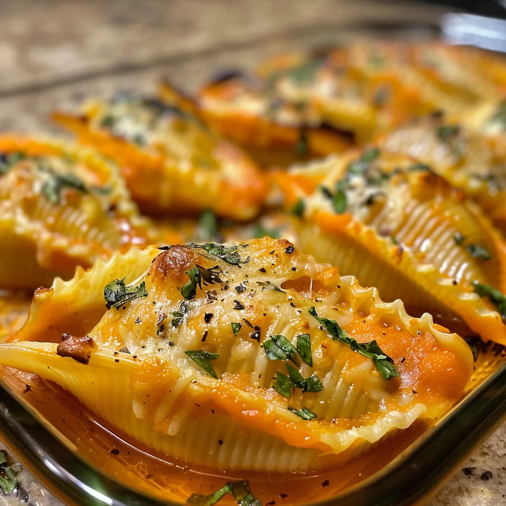 ['Close-up of butternut squash stuffed pasta shells filled with creamy ricotta and spinach.', 'Juicy butternut squash stuffed shells, garnished with herbs, captured from the side.', 'Side view of jumbo pasta shells stuffed with butternut squash and topped with a sprinkle of spices.', 'Delicious stuffed shells featuring colorful butternut squash and fresh spinach on a white plate.']