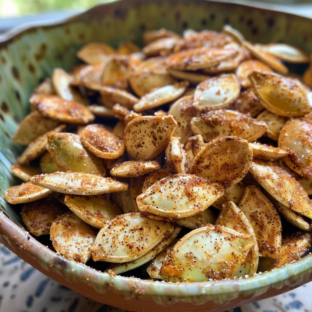 ['Close-up view of cinnamon sugar pumpkin seeds in a bowl.', 'Side view of glistening pumpkin seeds coated in cinnamon sugar.', 'Juicy, golden pumpkin seeds with a sugar and cinnamon glaze.', 'Textured close-up of cinnamon sugar-coated pumpkin seeds.']