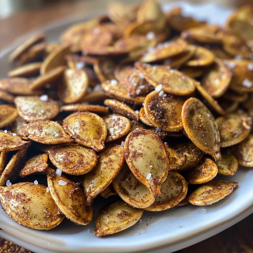 ['Close-up view of cinnamon sugar pumpkin seeds in a bowl.', 'Side view of glistening pumpkin seeds coated in cinnamon sugar.', 'Juicy, golden pumpkin seeds with a sugar and cinnamon glaze.', 'Textured close-up of cinnamon sugar-coated pumpkin seeds.']