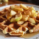 ['Close-up view of a stack of gluten-free apple cinnamon waffles topped with apple slices.', 'Side angle of golden-brown apple cinnamon waffles garnished with a drizzle of syrup.', 'Delicious gluten-free waffles with visible apple chunks and a sprinkle of cinnamon.', 'A mouthwatering shot of fluffy waffles made with Greek yogurt, featuring a cinnamon-dusted finish.']