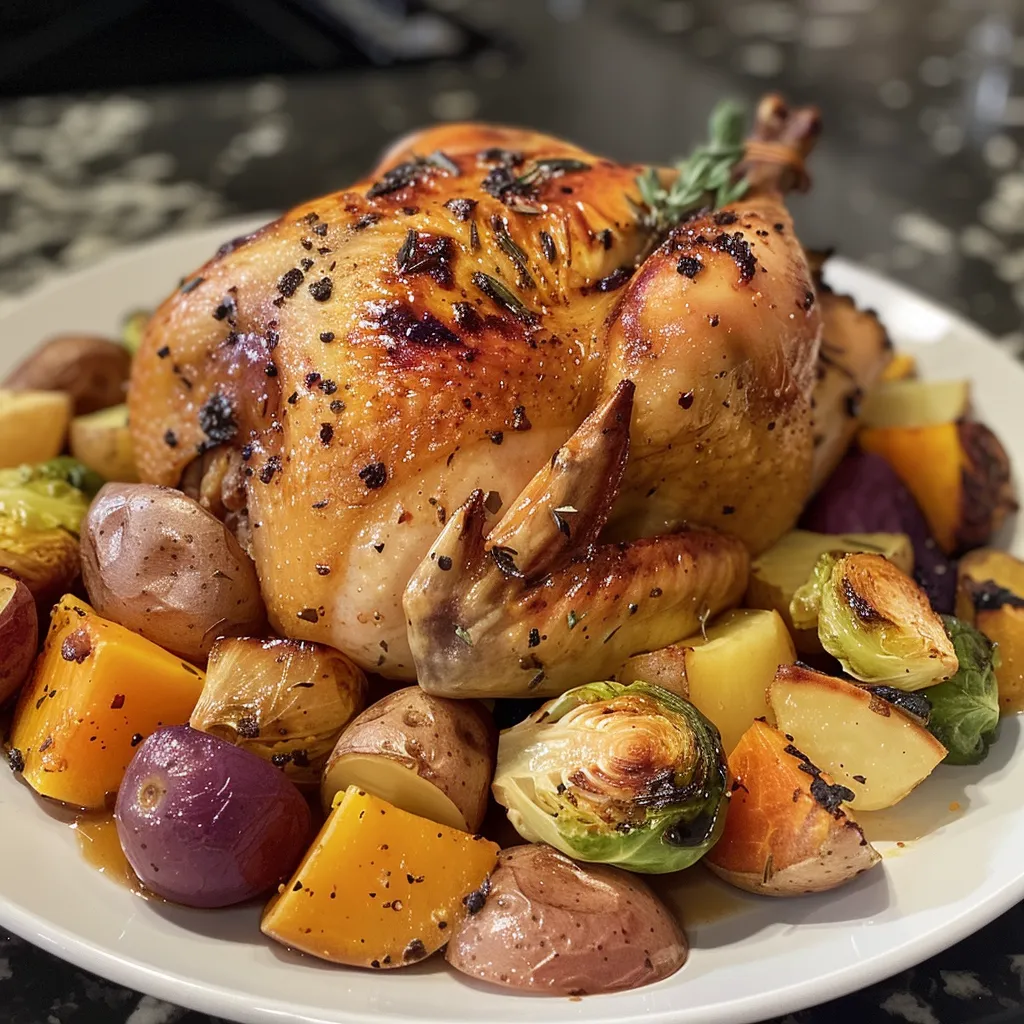 ['Juicy maple roast chicken surrounded by colorful vegetables.', 'Close-up view of a roasted chicken with butternut squash, potatoes, and Brussels sprouts.', 'Side view of a beautifully glazed maple chicken with fresh vegetables arranged around it.', 'Tender chicken coated in maple syrup with a medley of vibrant, roasted vegetables.']