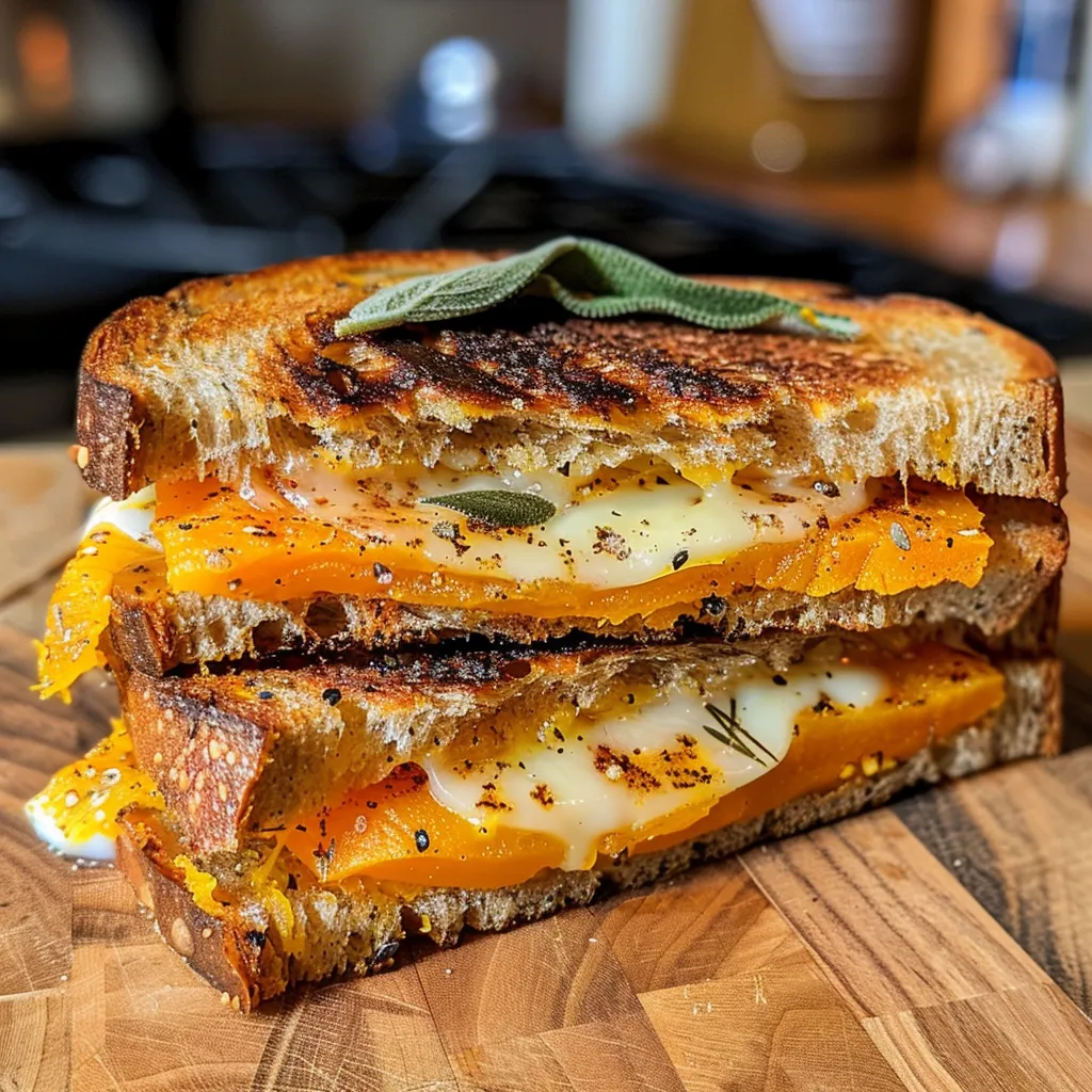['Close-up of a grilled cheese sandwich with butternut squash filling, golden brown and crispy.', 'Side view of a juicy butternut squash grilled cheese, showcasing melted cheese and toasted bread.', 'Delicious grilled cheese sandwich featuring butternut squash, with sage leaves and spices visible.', 'Tasty butternut squash grilled cheese, highlighting the texture of the crispy bread and gooey cheese.']